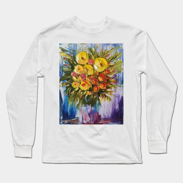 yellow flowers painting, yellow and orange bouquet, flowers in a vase, colorful painting, colorful flowers Long Sleeve T-Shirt by roxanegabriel